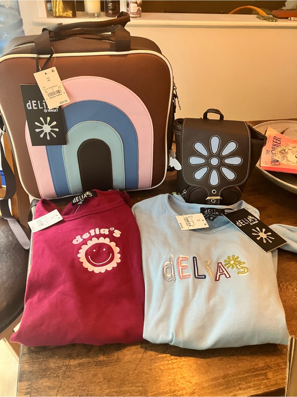 dELiA*s Brown Kids Lunch Bag with Pink, Blue & Light Blue Rainbow Panels